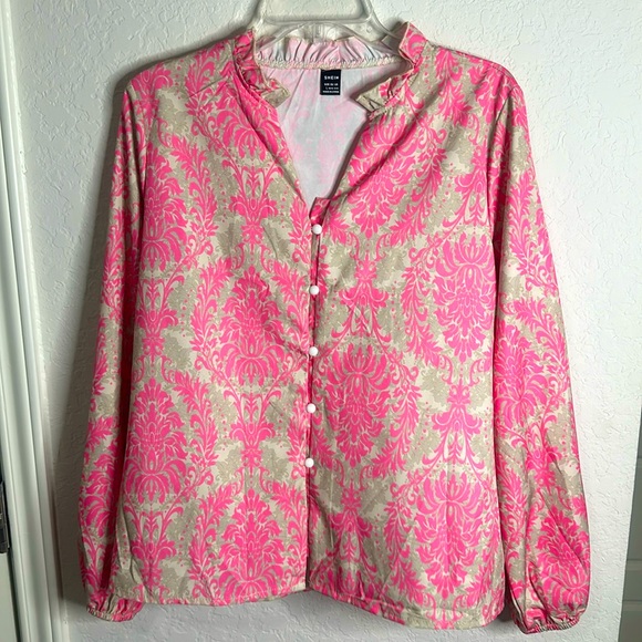 SHEIN woman’s pink and cream button up blouse size large - Picture 2 of 5